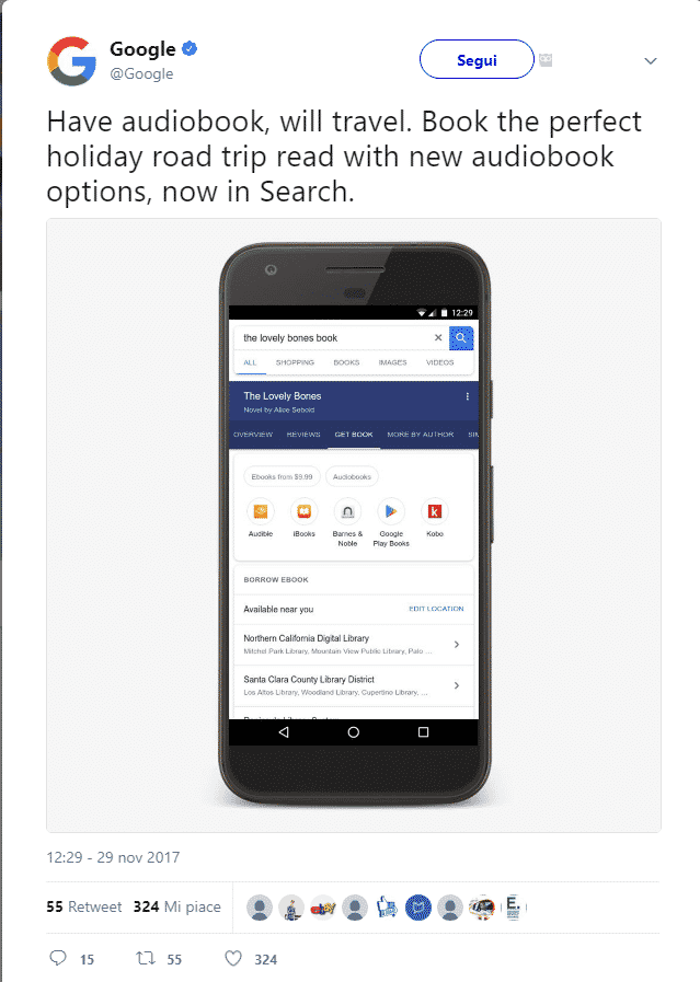 Annuncio di Google su Twitter sugli audiobook
