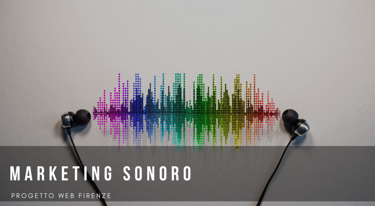 Una sound wave colore arcobaleno con su scritto marketing sonoro